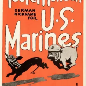 Teufel Hunden, German Nickname for U.S. Marines, restored 1918 WWI recruiting poster by Charles Buckles Falls: a Marine bulldog in a helmet chasing a dachshund in a spiked German helmet
