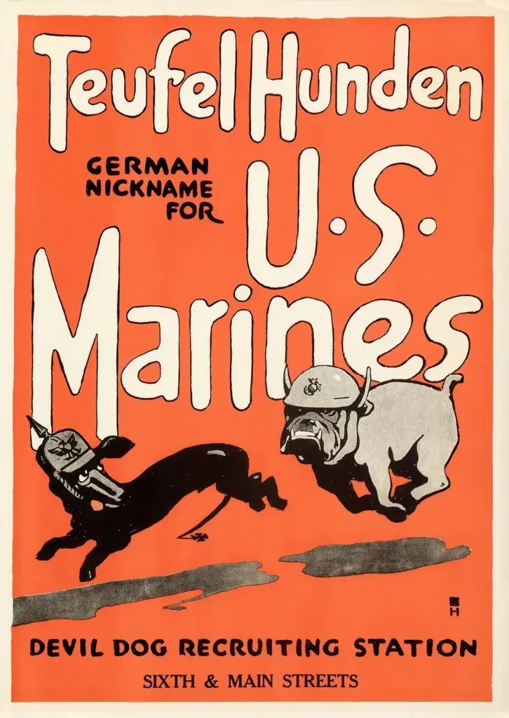 Teufel Hunden, German Nickname for U.S. Marines, restored 1918 WWI recruiting poster by Charles Buckles Falls: a Marine bulldog in a helmet chasing a dachshund in a spiked German helmet