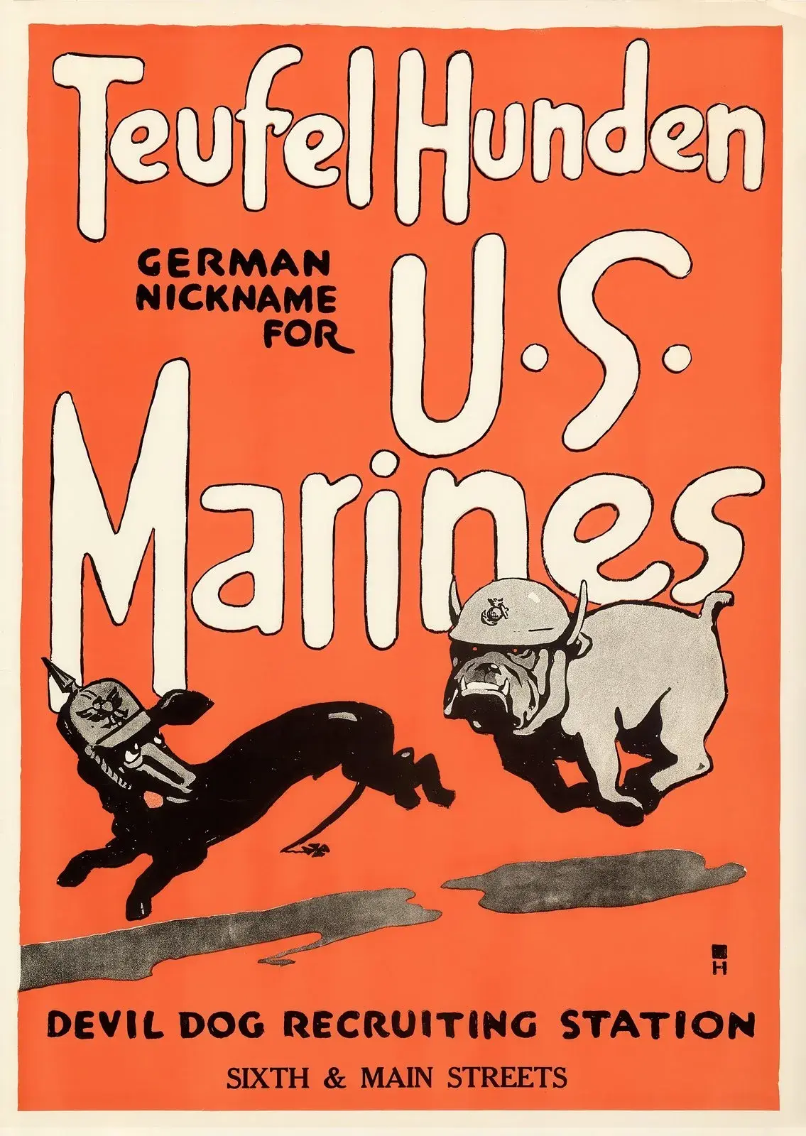 Teufel Hunden, German Nickname for U.S. Marines, restored 1918 WWI recruiting poster by Charles Buckles Falls: a Marine bulldog in a helmet chasing a dachshund in a spiked German helmet