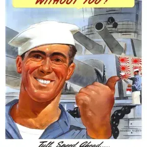 Couldn’t Have Done It Without You! restored 1943 WWII U.S. Navy poster by Howard Scott: a grinning sailor gives a thumbs-up while a shipmate paints Japanese flags on a gun turret