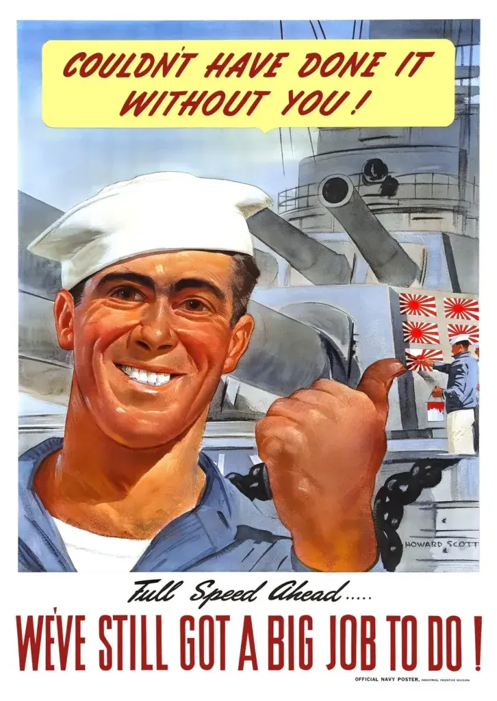 Couldn’t Have Done It Without You! restored 1943 WWII U.S. Navy poster by Howard Scott: a grinning sailor gives a thumbs-up while a shipmate paints Japanese flags on a gun turret