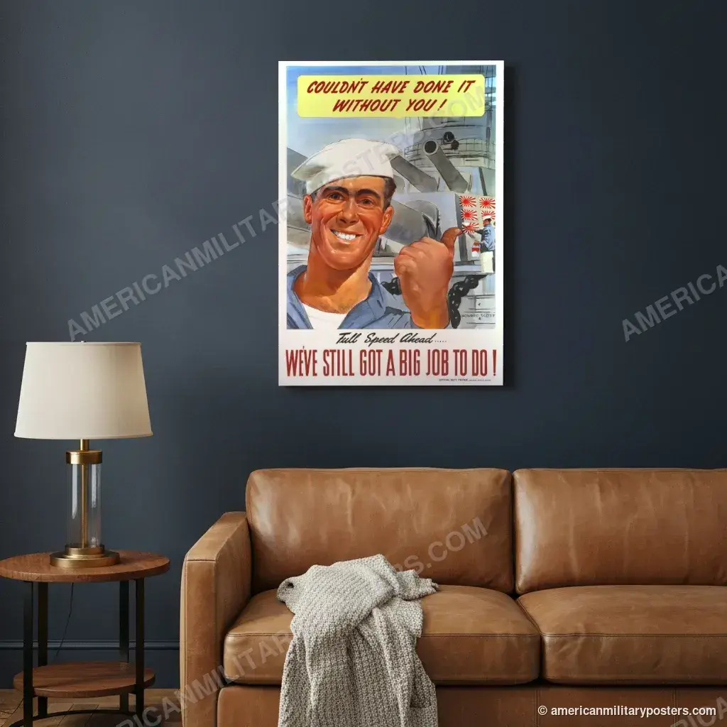 Couldn’t Have Done It Without You! poster, unframed print on a navy living room wall above a leather sofa
