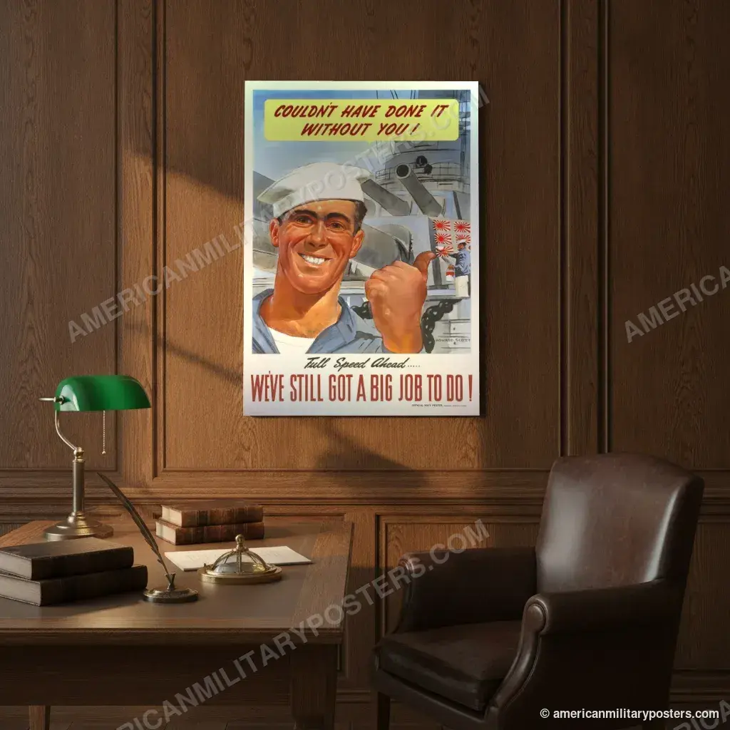 Couldn’t Have Done It Without You! poster, unframed print on an oak-panelled study wall above a desk