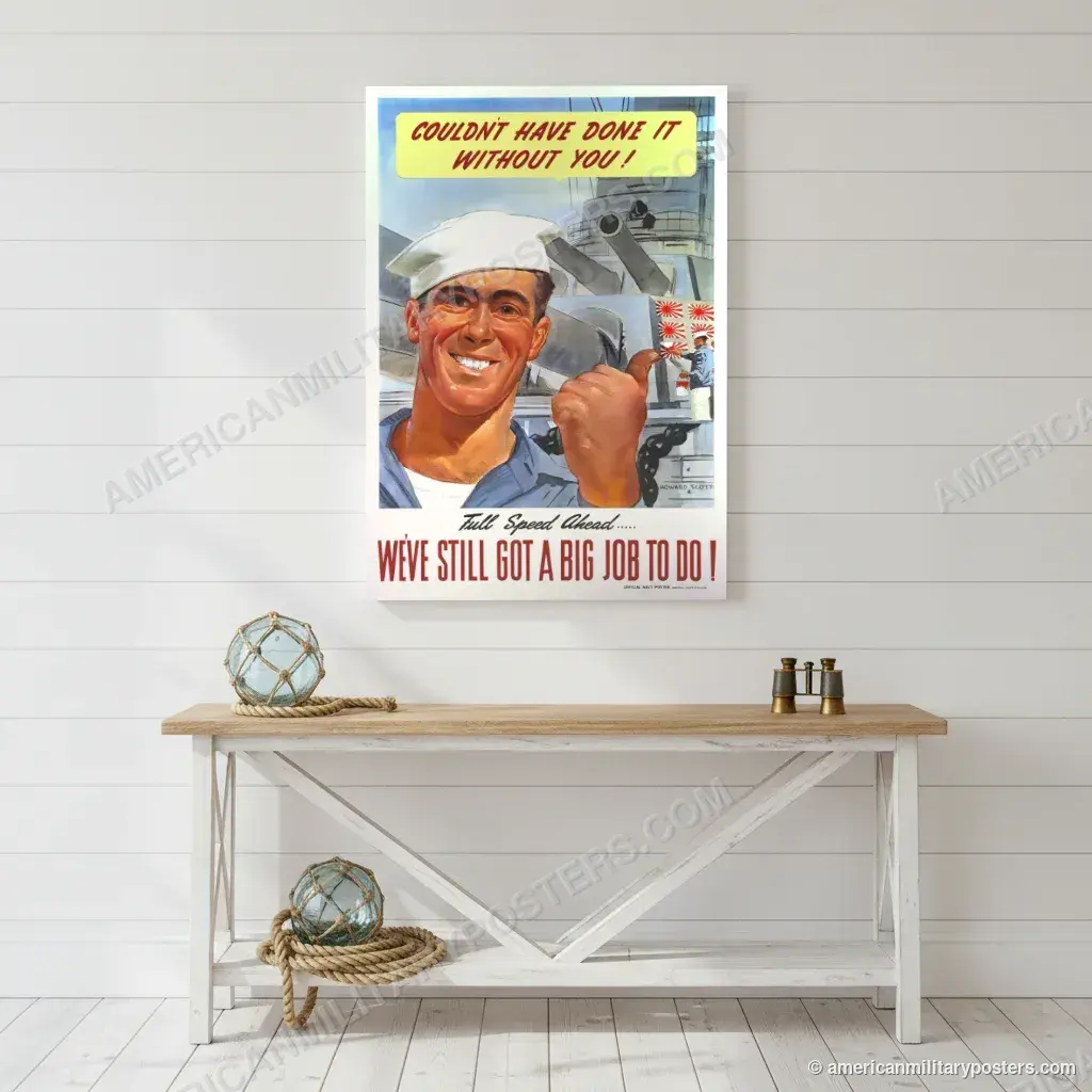 Couldn’t Have Done It Without You! poster, unframed print on a white shiplap wall in a coastal hallway