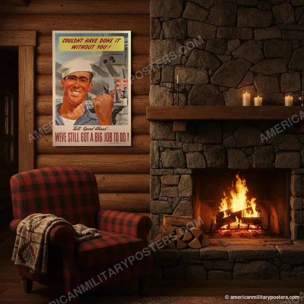Couldn’t Have Done It Without You! poster, unframed print on a log cabin wall beside a fireplace