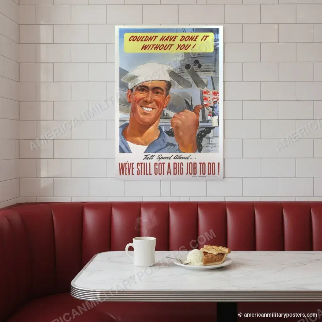 Couldn’t Have Done It Without You! poster, unframed print on a tiled wall above a retro diner booth