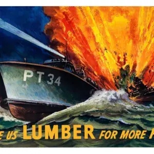 Give Us Lumber for More PT’s restored 1943 WWII U.S. Army poster: Navy PT boat 34 racing through the sea at night as an enemy warship explodes behind it