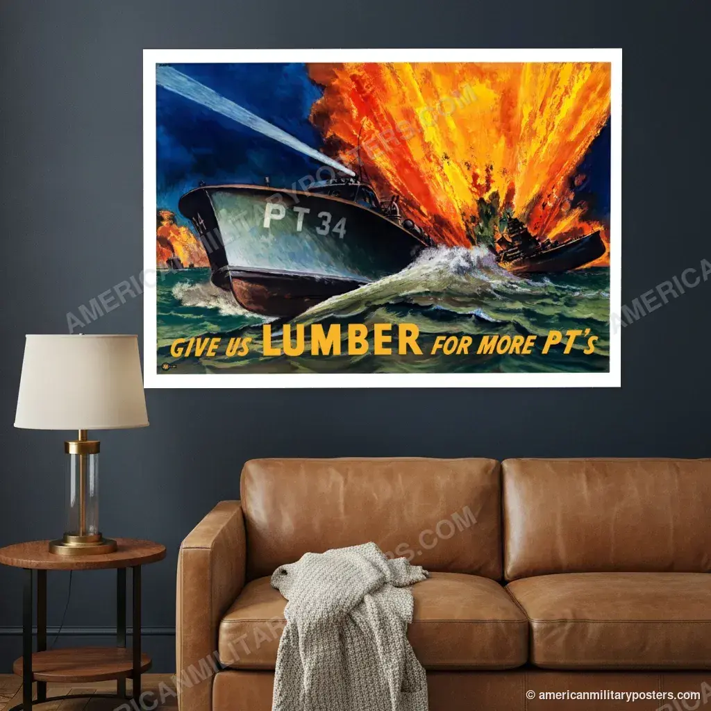 Give Us Lumber for More PT’s poster, unframed print on a navy living room wall above a leather sofa