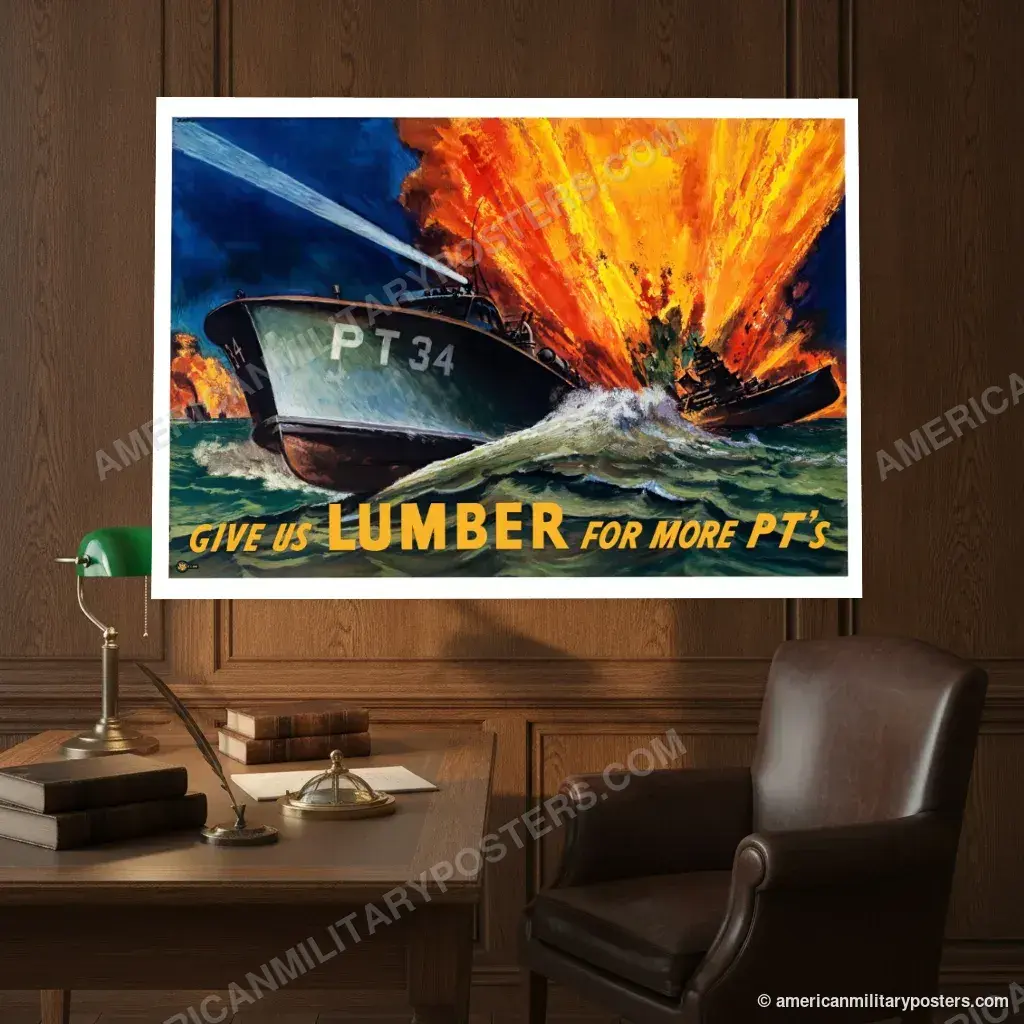 Give Us Lumber for More PT’s poster, unframed print on an oak-panelled study wall above a desk