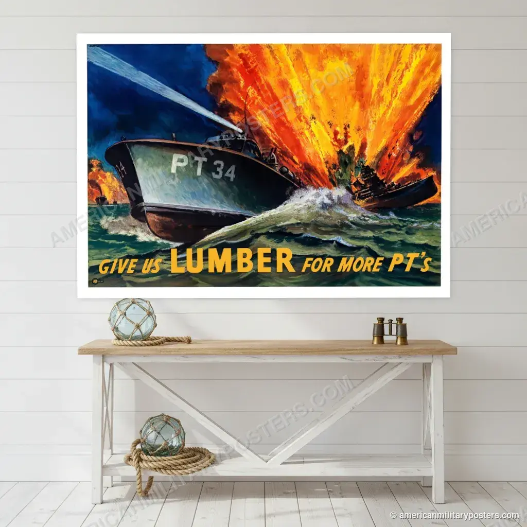 Give Us Lumber for More PT’s poster, unframed print on a white shiplap wall in a coastal hallway