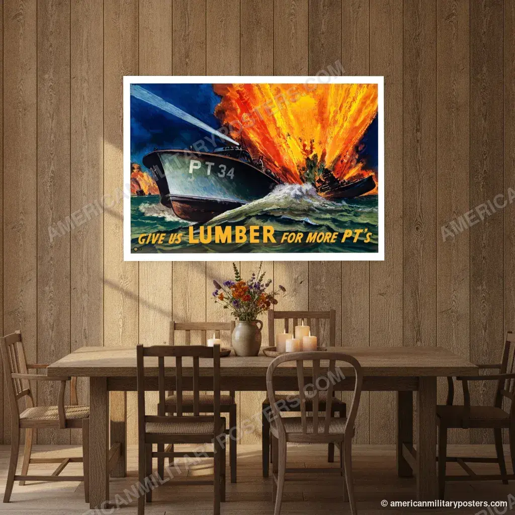 Give Us Lumber for More PT’s poster, unframed print above a farmhouse dining table