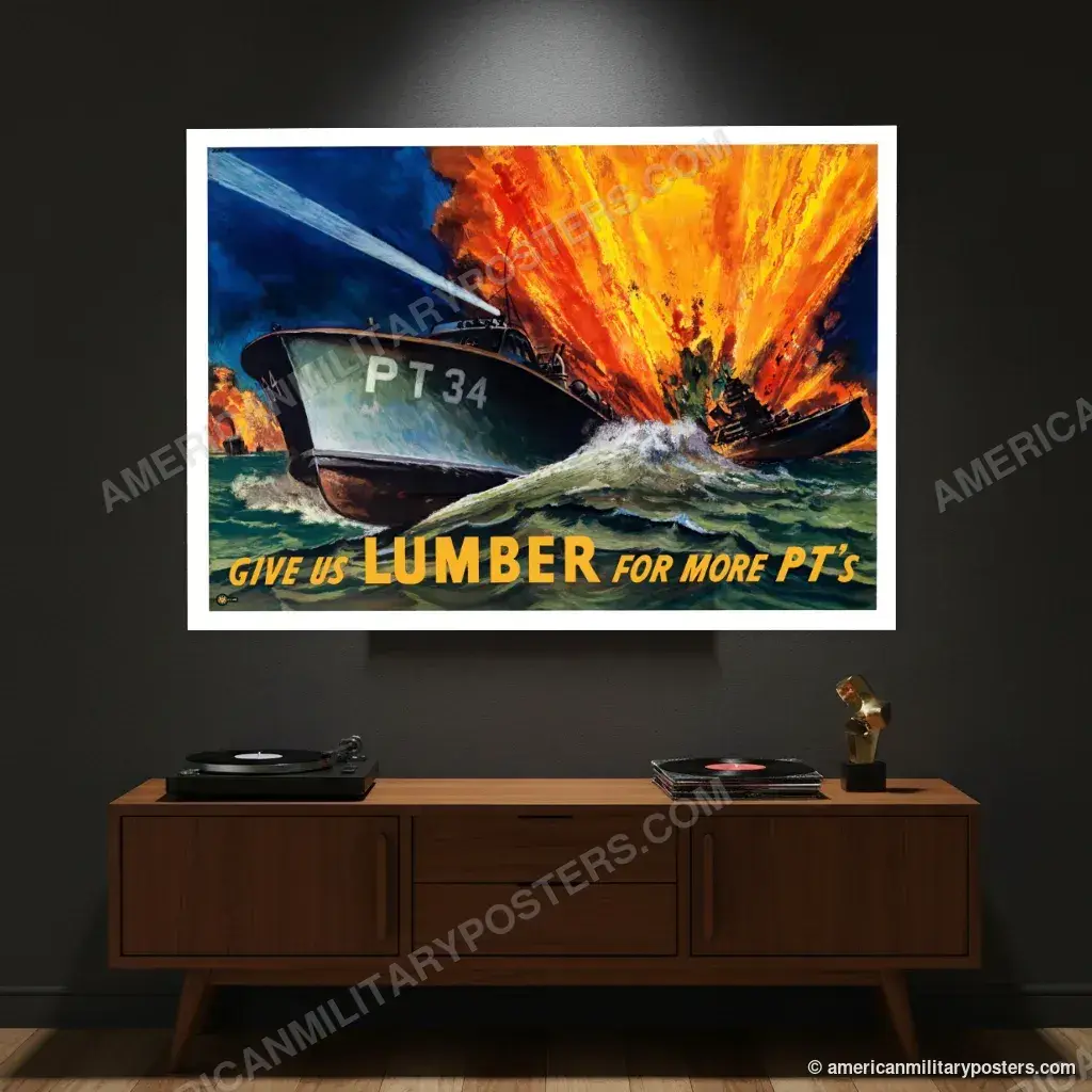 Give Us Lumber for More PT’s poster, unframed print on a charcoal wall above a record sideboard