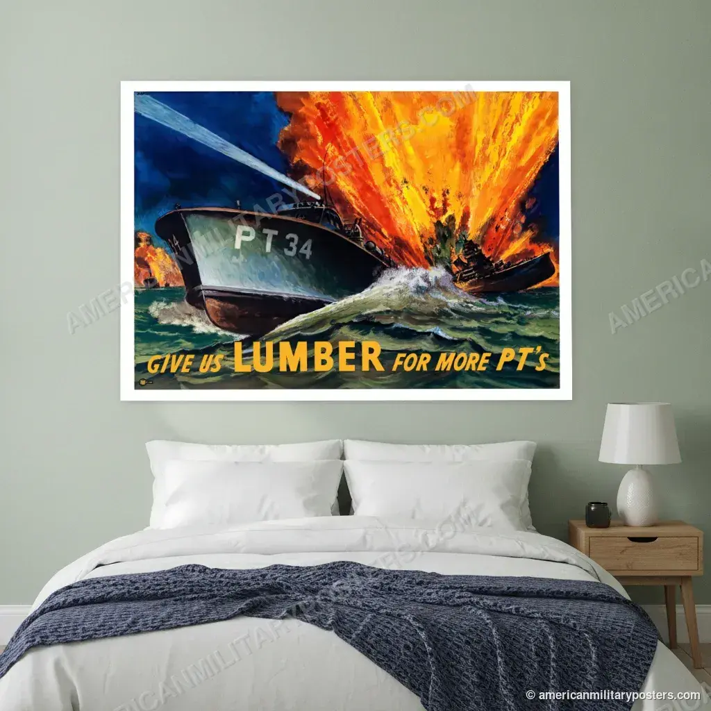Give Us Lumber for More PT’s poster, unframed print above a bed on a sage green wall