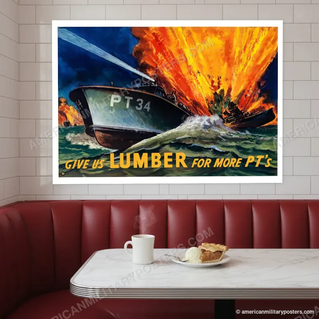 Give Us Lumber for More PT’s poster, unframed print on a tiled wall above a retro diner booth
