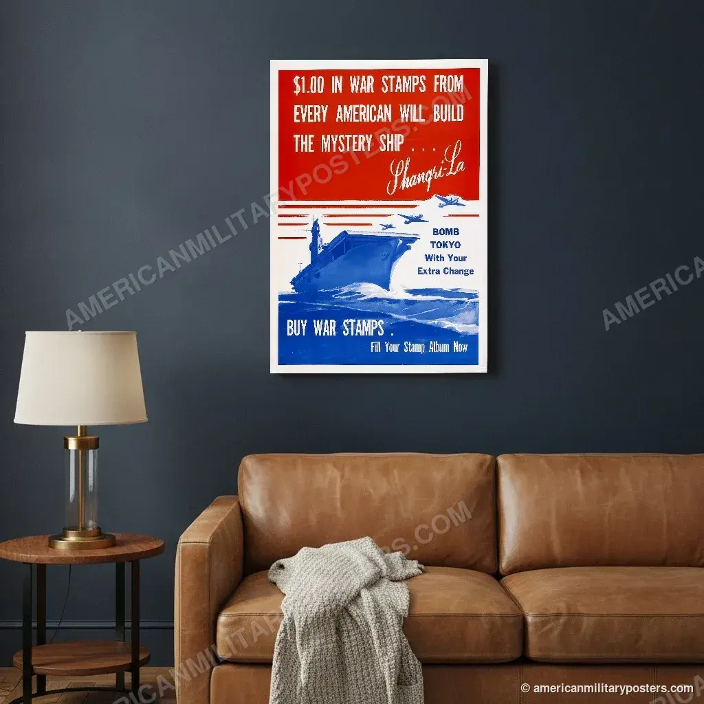 Bomb Tokyo With Your Extra Change poster, unframed print on a navy living room wall above a leather sofa