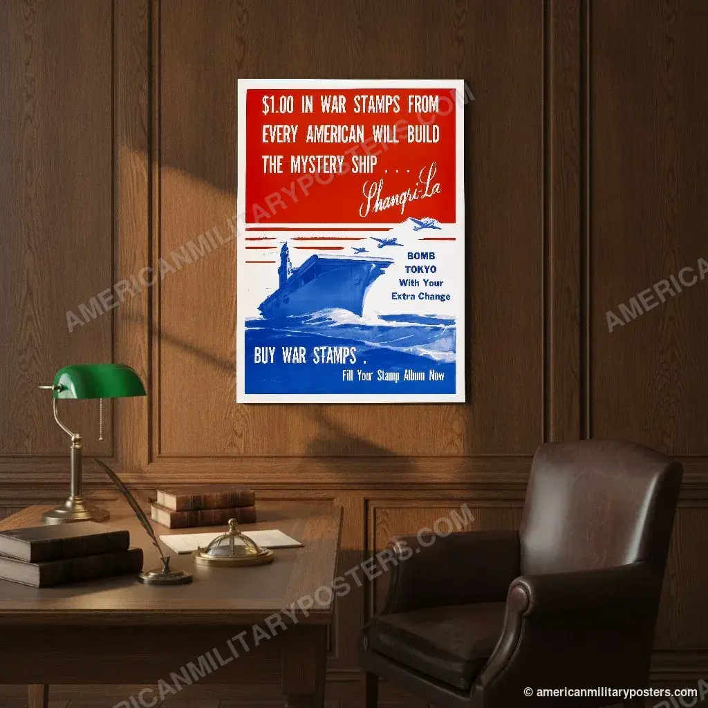 Bomb Tokyo With Your Extra Change poster, unframed print on an oak-panelled study wall above a desk