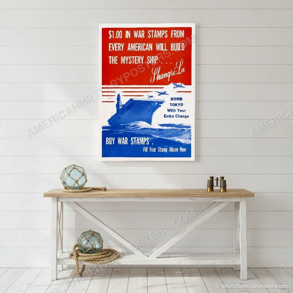 Bomb Tokyo With Your Extra Change poster, unframed print on a white shiplap wall in a coastal hallway