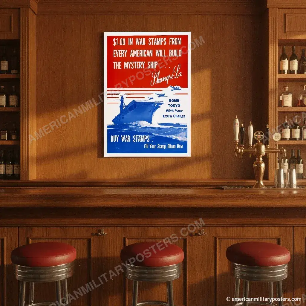 Bomb Tokyo With Your Extra Change poster, unframed print on the wall of a classic American bar