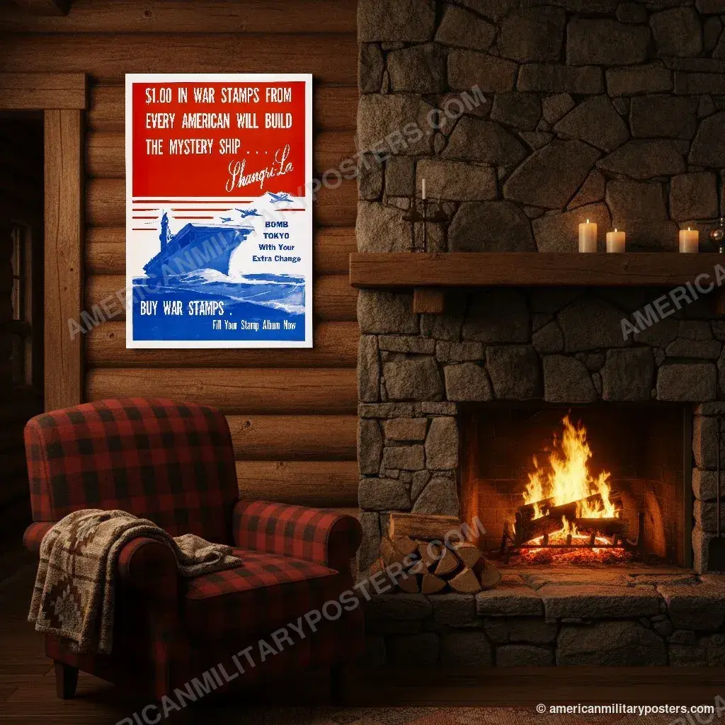 Bomb Tokyo With Your Extra Change poster, unframed print above the fireplace in a log cabin
