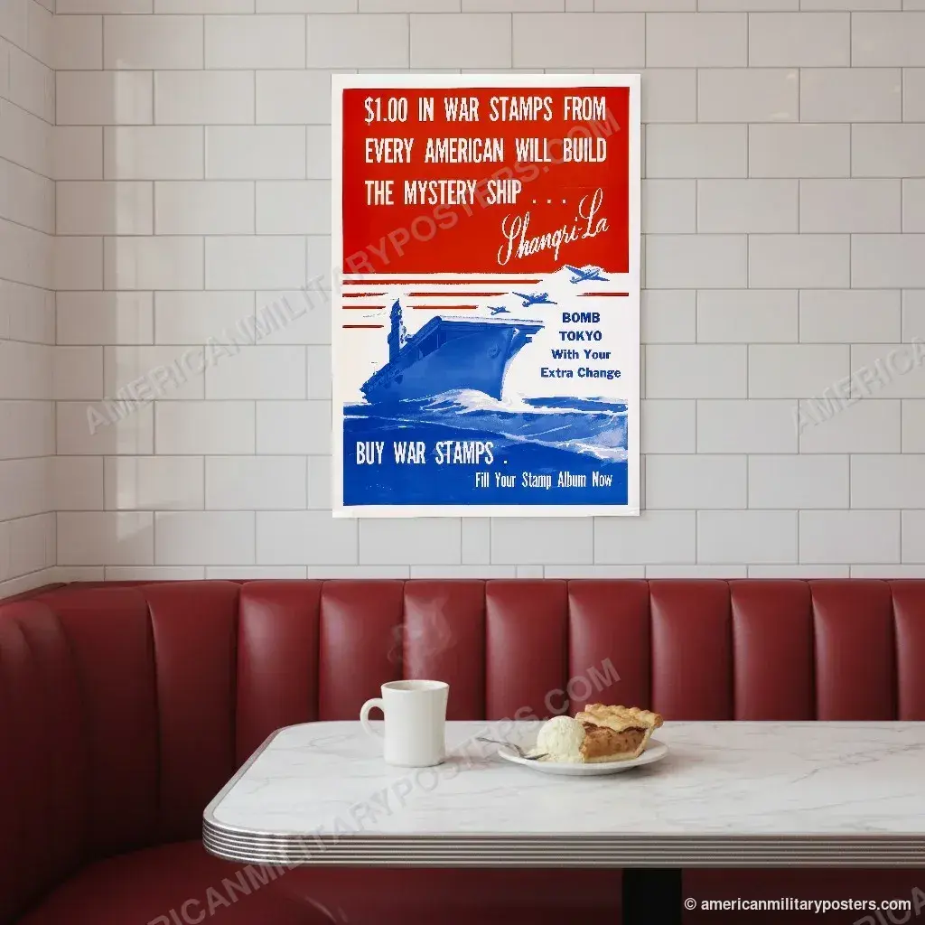 Bomb Tokyo With Your Extra Change poster, unframed print on a tiled wall above a retro diner booth