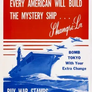 Bomb Tokyo With Your Extra Change restored 1943 U.S. war stamps poster: a blue aircraft carrier launching planes beneath a red panel naming the mystery ship Shangri-La