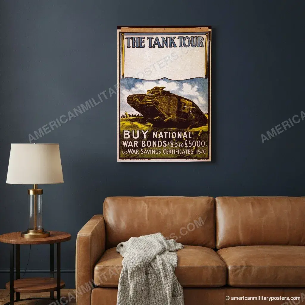 The Tank Tour poster, unframed print on a navy living room wall above a leather sofa