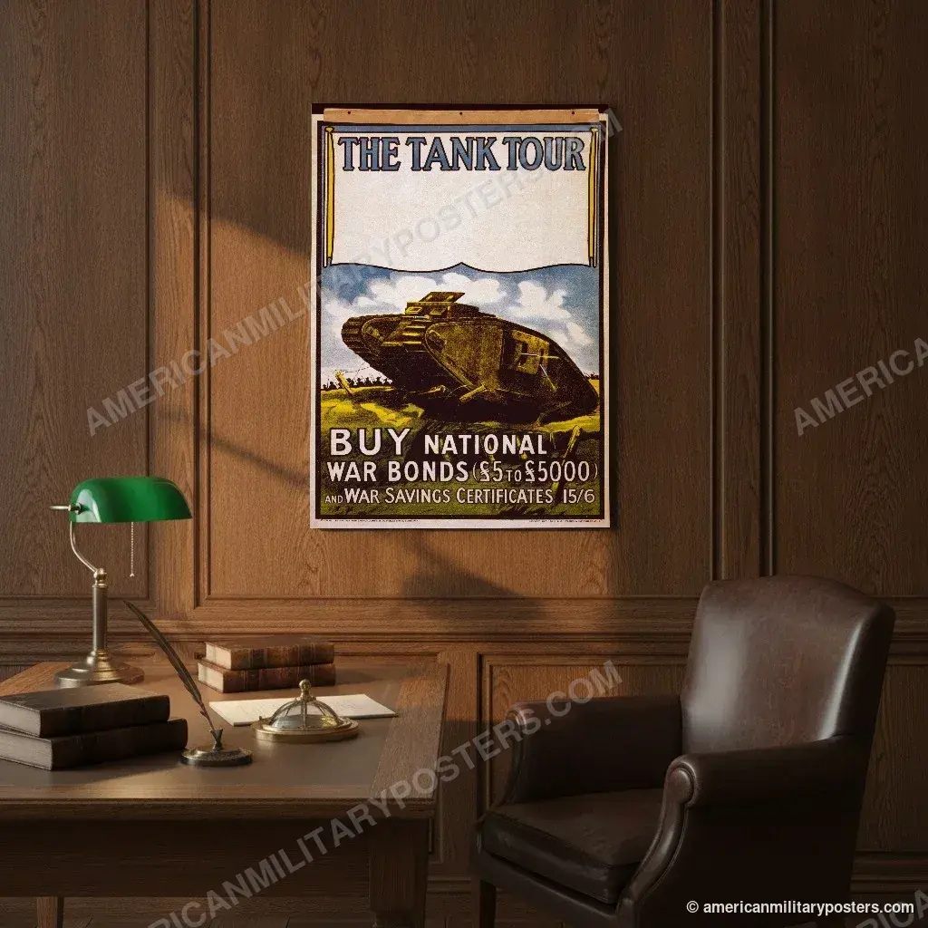 The Tank Tour poster, unframed print on an oak-panelled study wall above a desk