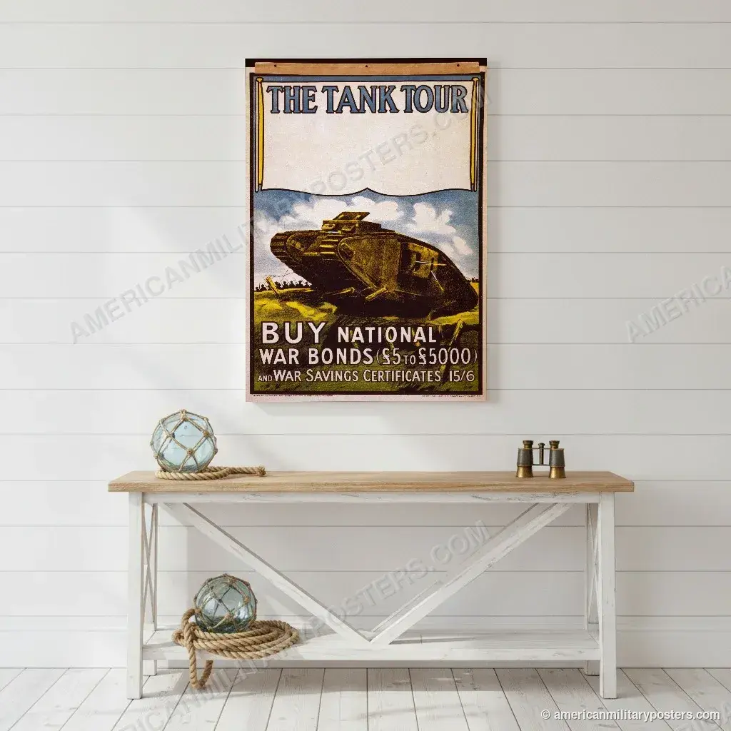 The Tank Tour poster, unframed print on a white shiplap wall in a coastal hallway
