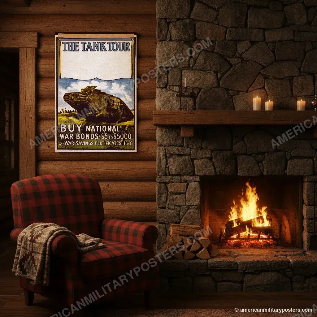 The Tank Tour poster, unframed print above the fireplace in a log cabin