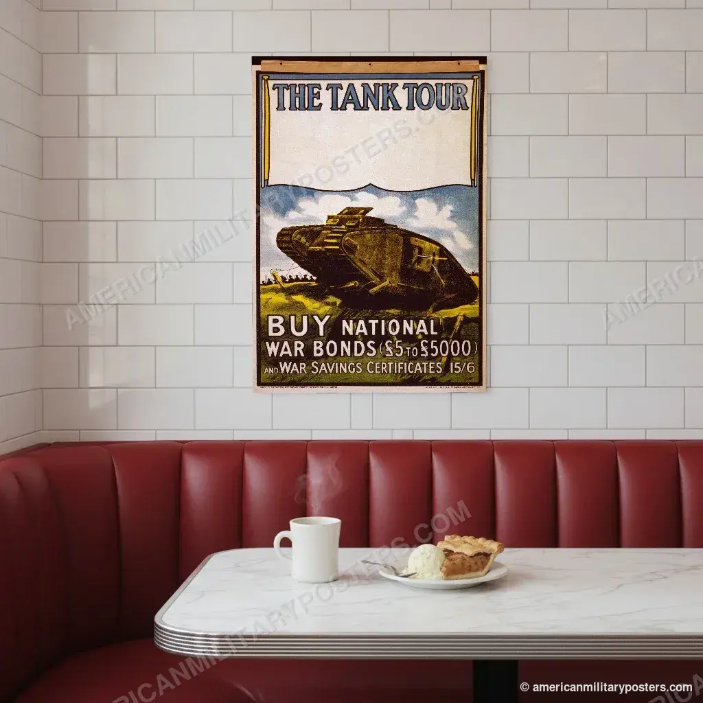 The Tank Tour poster, unframed print on a tiled wall above a retro diner booth