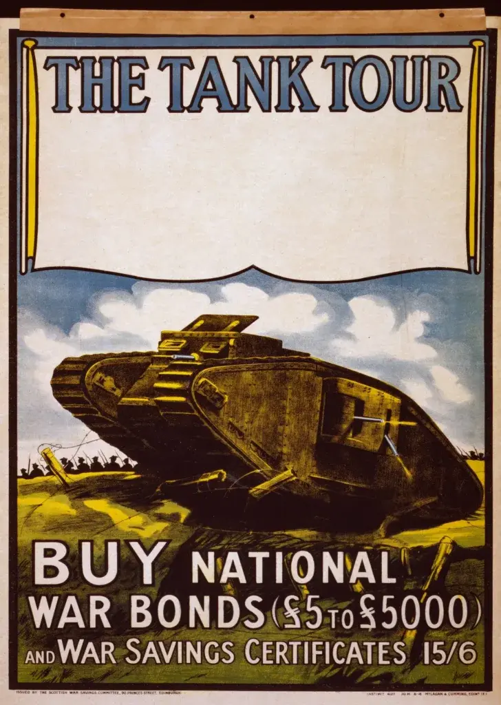 The Tank Tour restored 1918 Scottish war bonds poster: a British First World War tank crossing barbed wire with its guns firing beneath a blank scroll banner