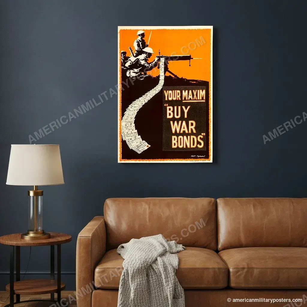 Your Maxim poster, unframed print on a navy living room wall above a leather sofa