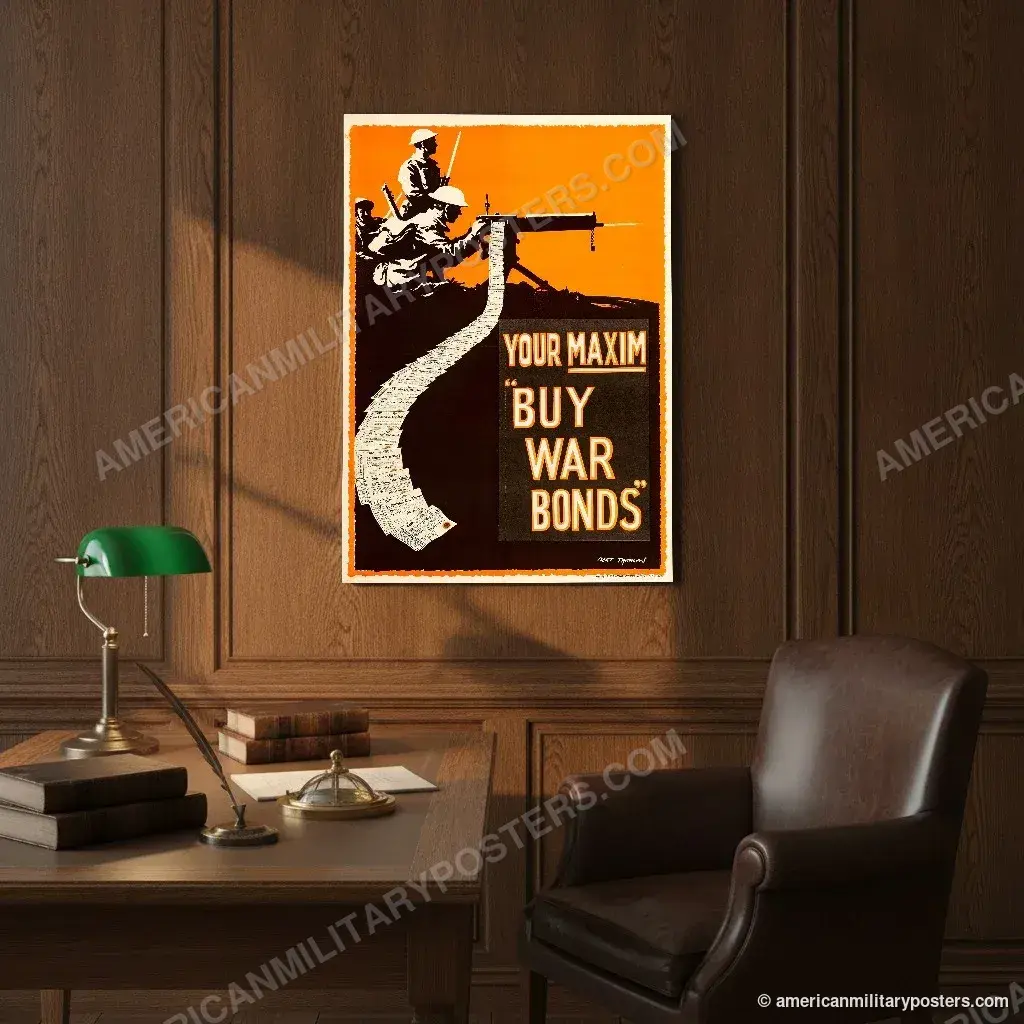 Your Maxim poster, unframed print on an oak-panelled study wall above a desk