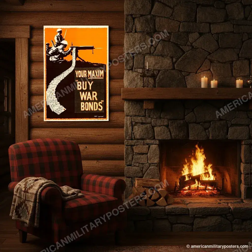 Your Maxim poster, unframed print above the fireplace in a log cabin