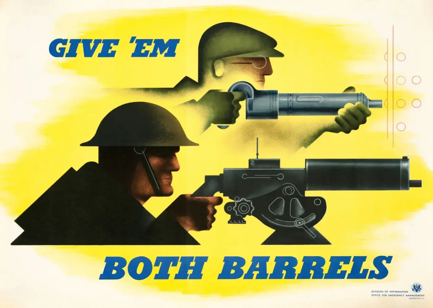 Give Em Both Barrels restored 1941 poster by Jean Carlu: a factory riveter and a helmeted soldier at a machine gun drawn side by side on a bright yellow background