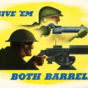 Give Em Both Barrels restored 1941 poster by Jean Carlu: a factory riveter and a helmeted soldier at a machine gun drawn side by side on a bright yellow background