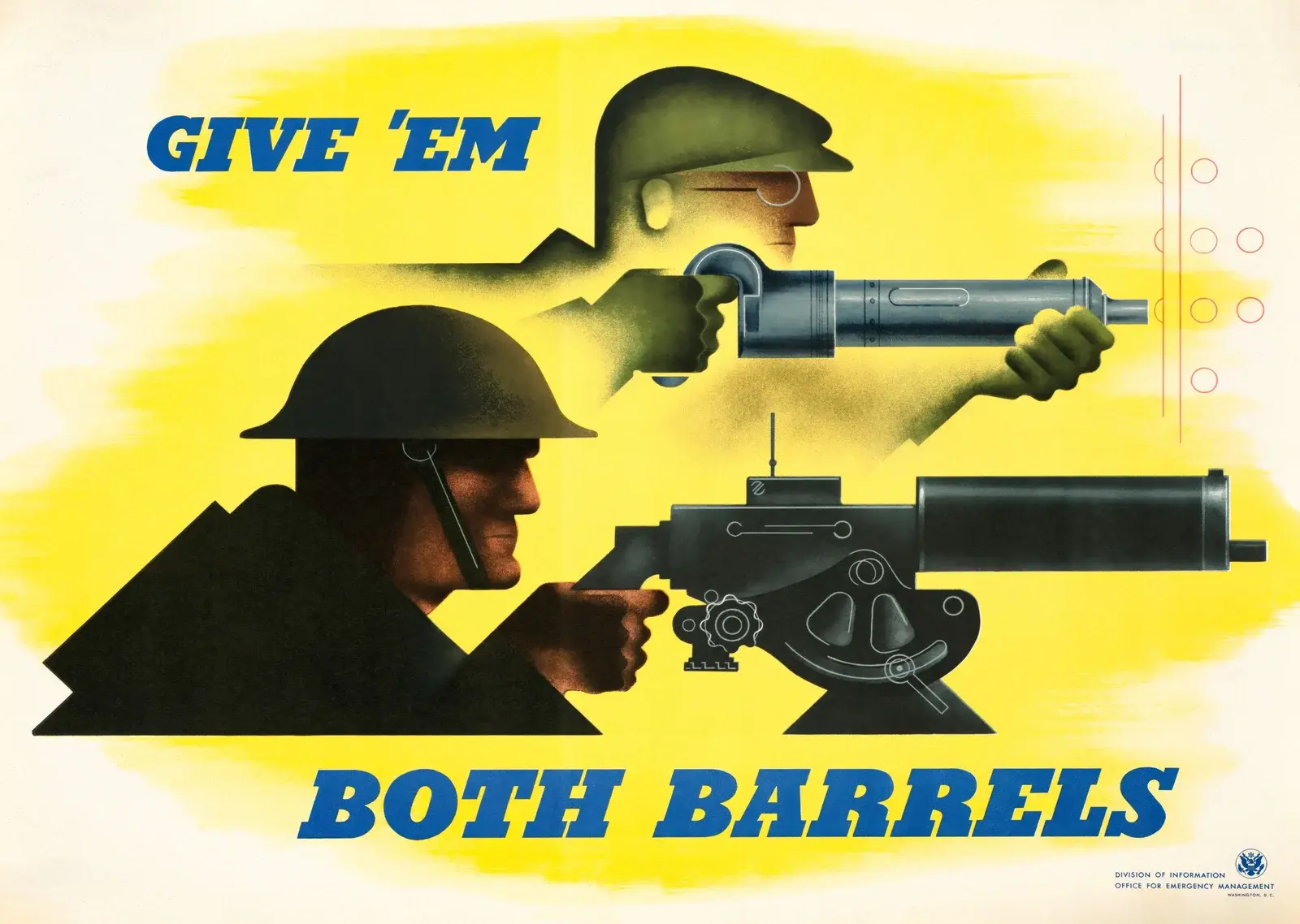 Give Em Both Barrels restored 1941 poster by Jean Carlu: a factory riveter and a helmeted soldier at a machine gun drawn side by side on a bright yellow background