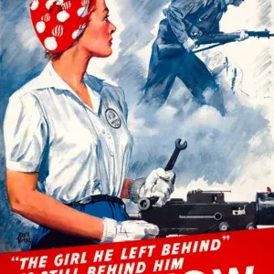 She’s a WOW restored 1943 poster by Adolph Treidler: a woman ordnance worker in a red polka-dot bandana holding a wrench at a machine gun while a soldier charges behind her