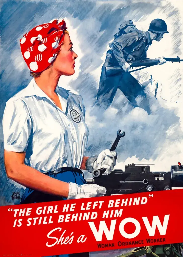 She’s a WOW restored 1943 poster by Adolph Treidler: a woman ordnance worker in a red polka-dot bandana holding a wrench at a machine gun while a soldier charges behind her