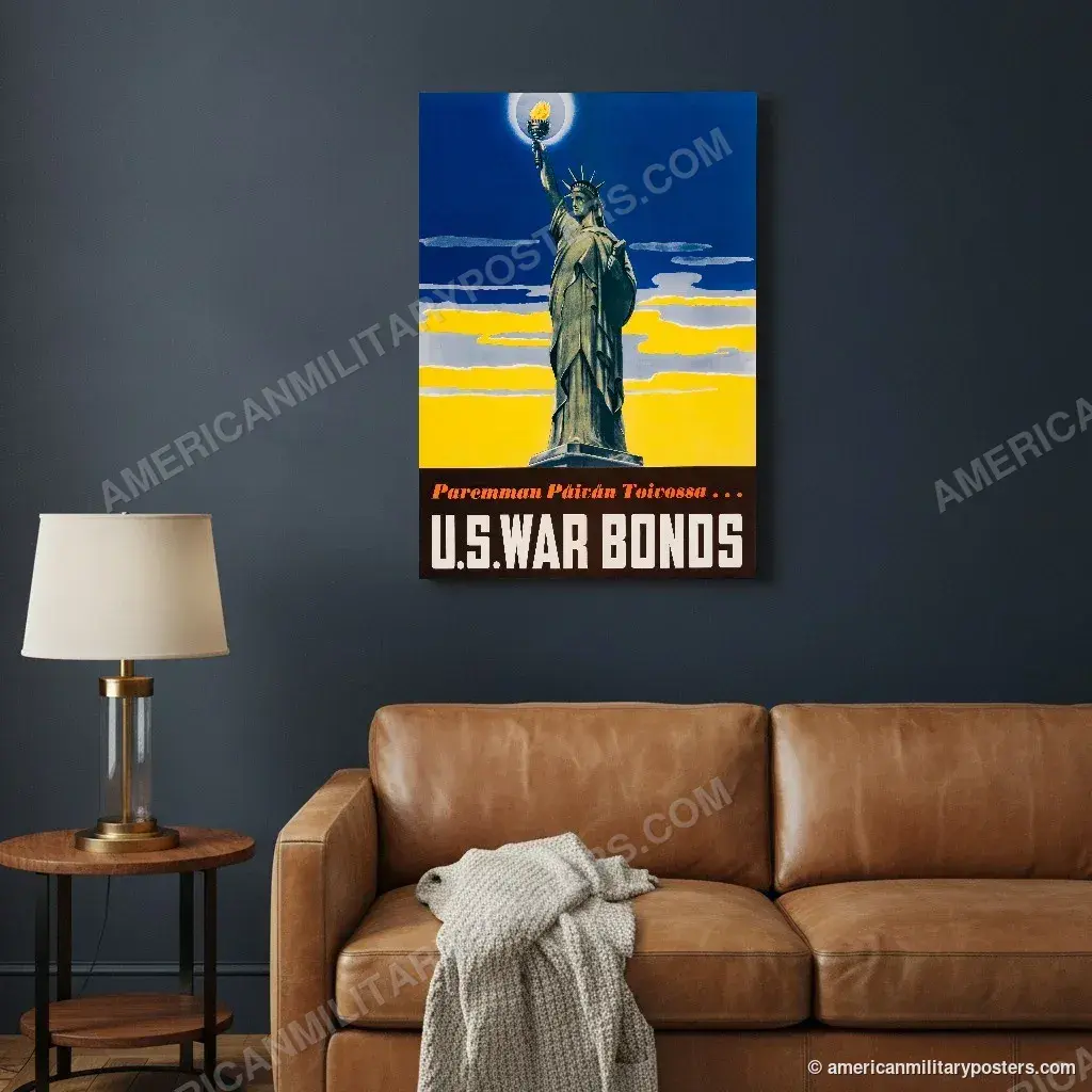 U.S. War Bonds poster, unframed print on a navy living room wall above a leather sofa
