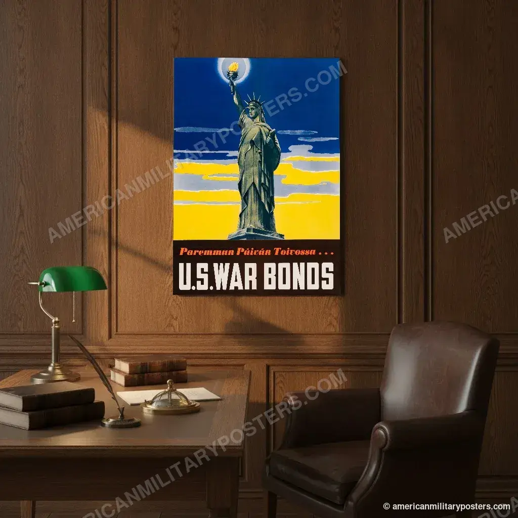 U.S. War Bonds poster, unframed print on an oak-panelled study wall above a desk