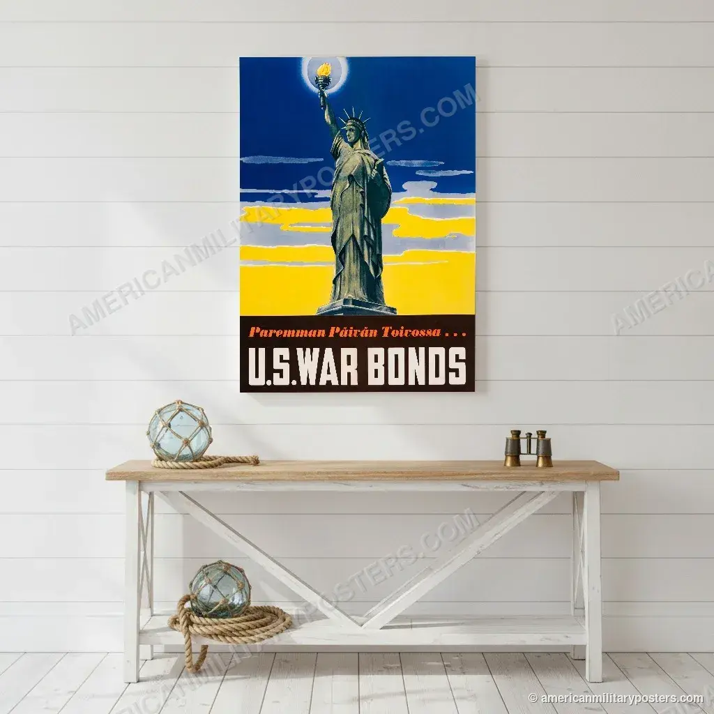 U.S. War Bonds poster, unframed print on a white shiplap wall in a coastal hallway
