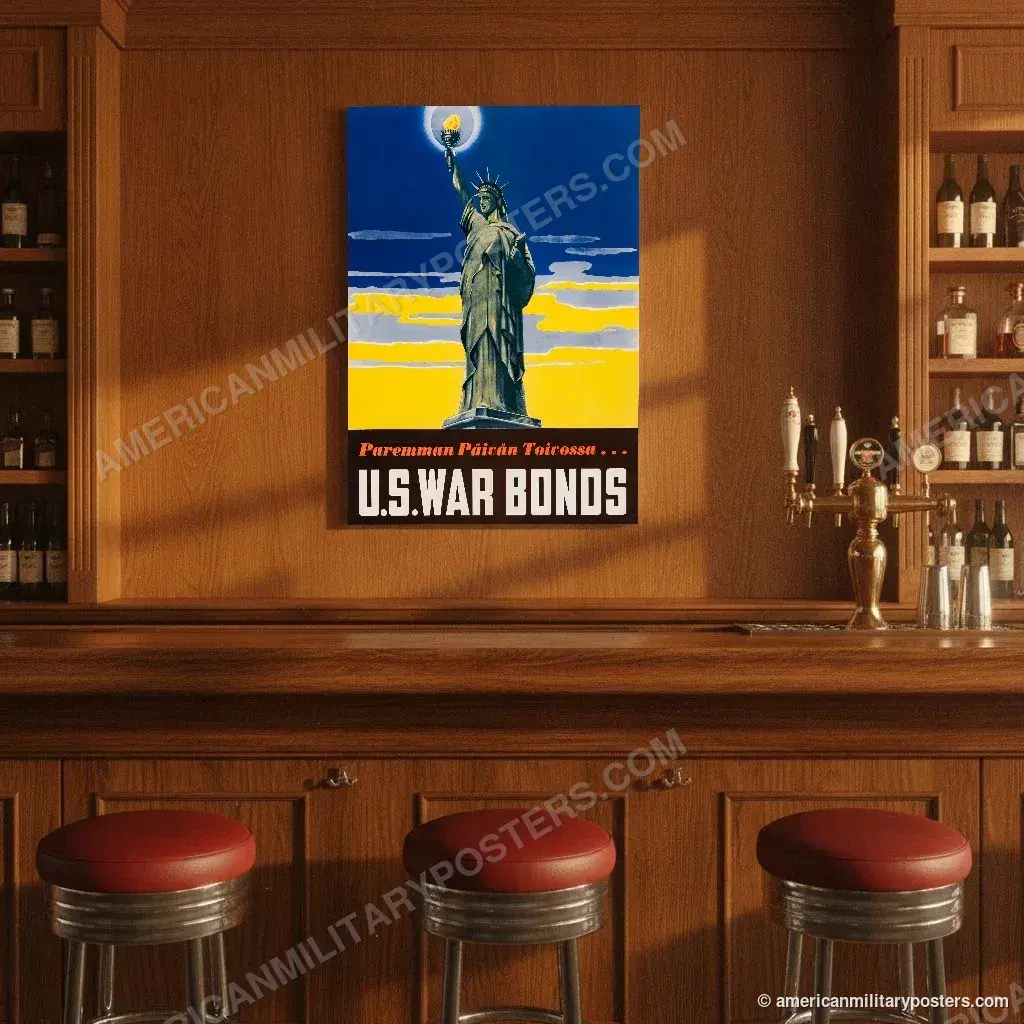 U.S. War Bonds poster, unframed print on the wall of a classic American bar