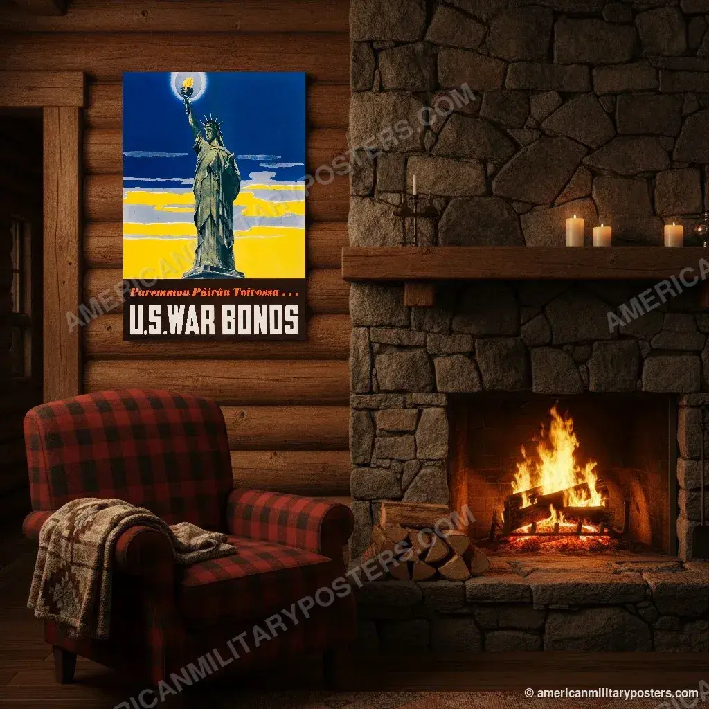 U.S. War Bonds poster, unframed print above the fireplace in a log cabin
