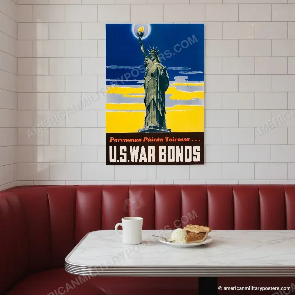 U.S. War Bonds poster, unframed print on a tiled wall above a retro diner booth