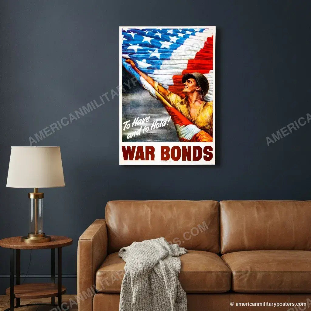 War Bonds poster, unframed print on a navy living room wall above a leather sofa