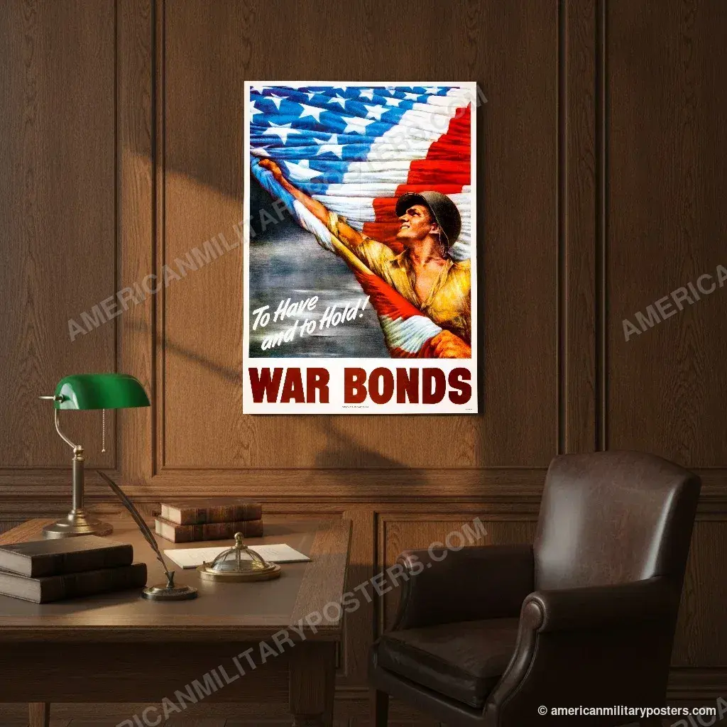 War Bonds poster, unframed print on an oak-panelled study wall above a desk