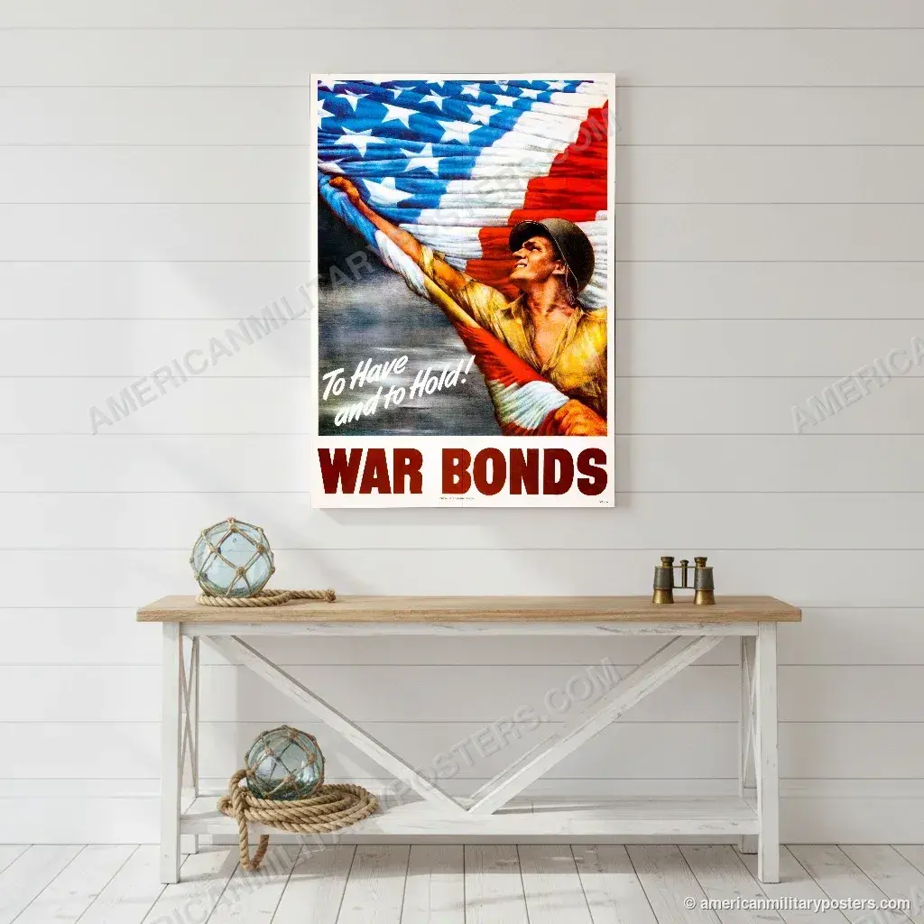 War Bonds poster, unframed print on a white shiplap wall in a coastal hallway