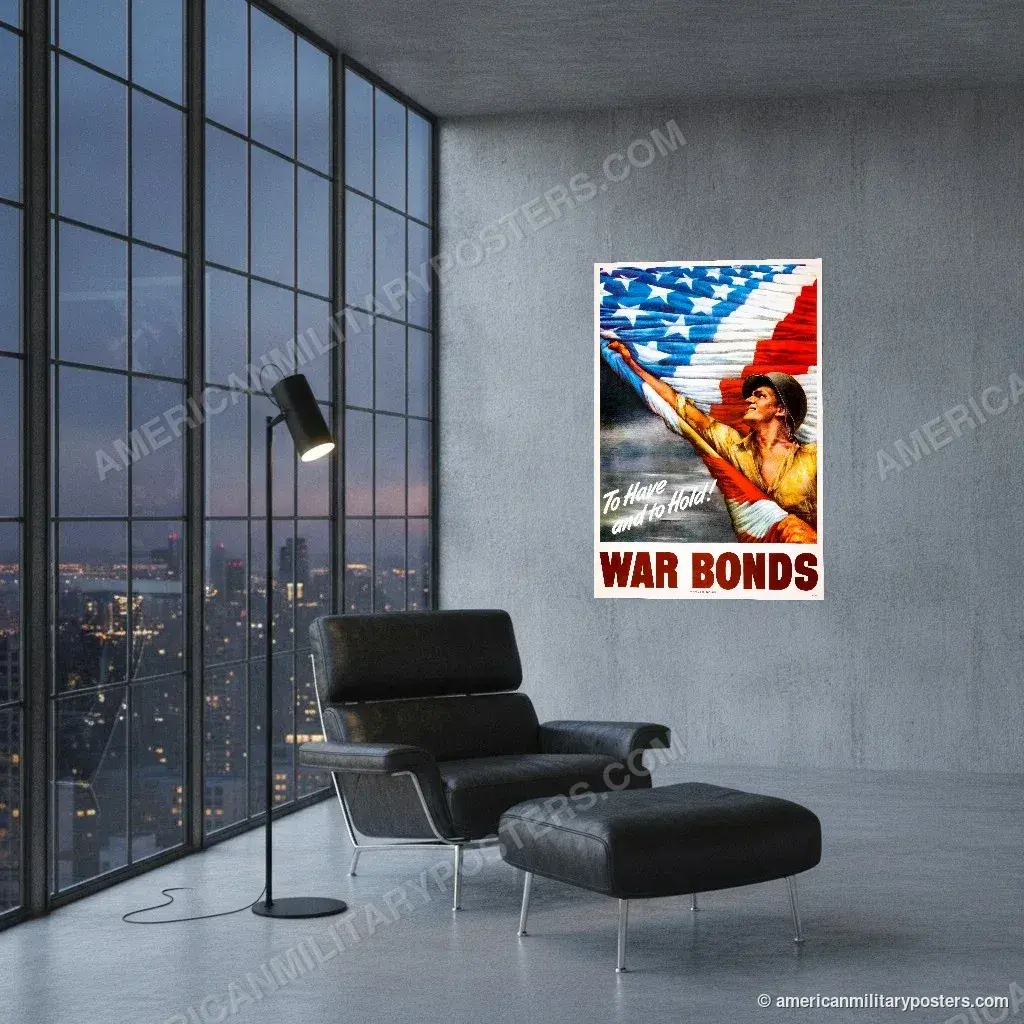 War Bonds poster, unframed print on a concrete wall in a city loft