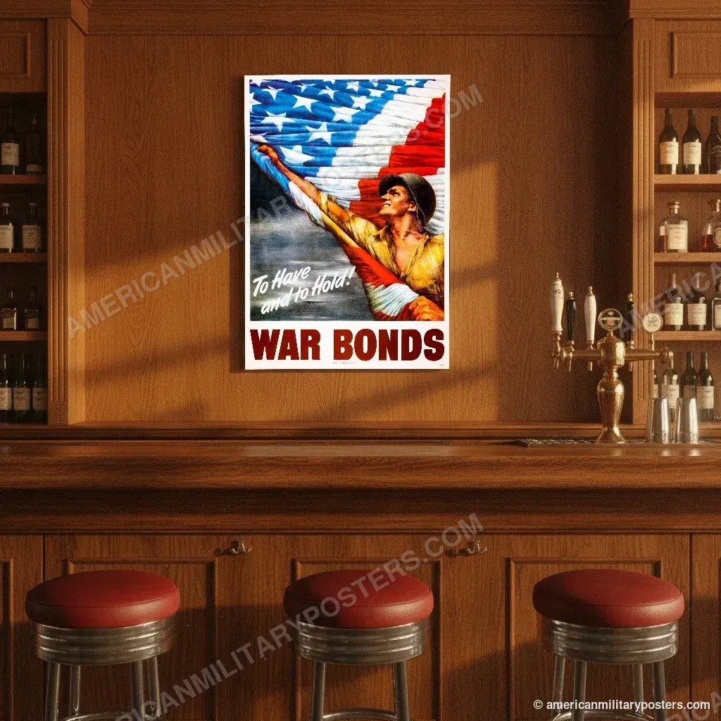 War Bonds poster, unframed print on the wall of a classic American bar